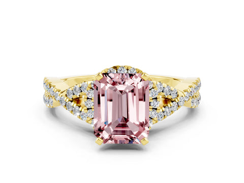 Yellow gold Emerald Cut Morganite Halo Twist Band Solitaire Prong Setting Ring