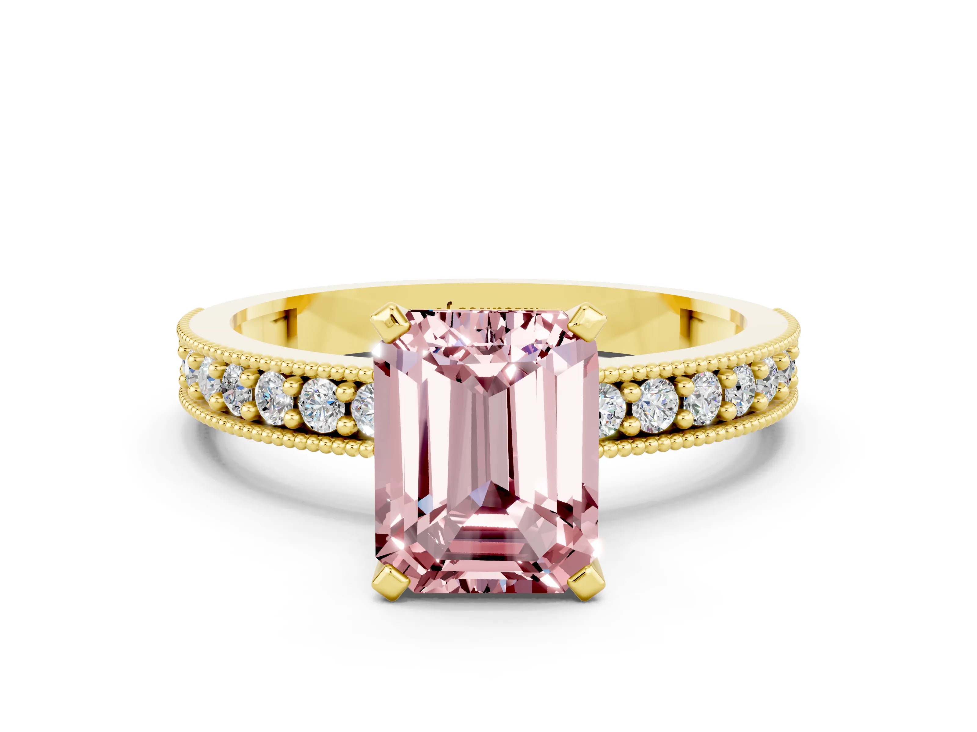 Yellow gold Emerald Cut Morganite Milgrain Pavé Engagement Ring with Four-Prong Setting_12