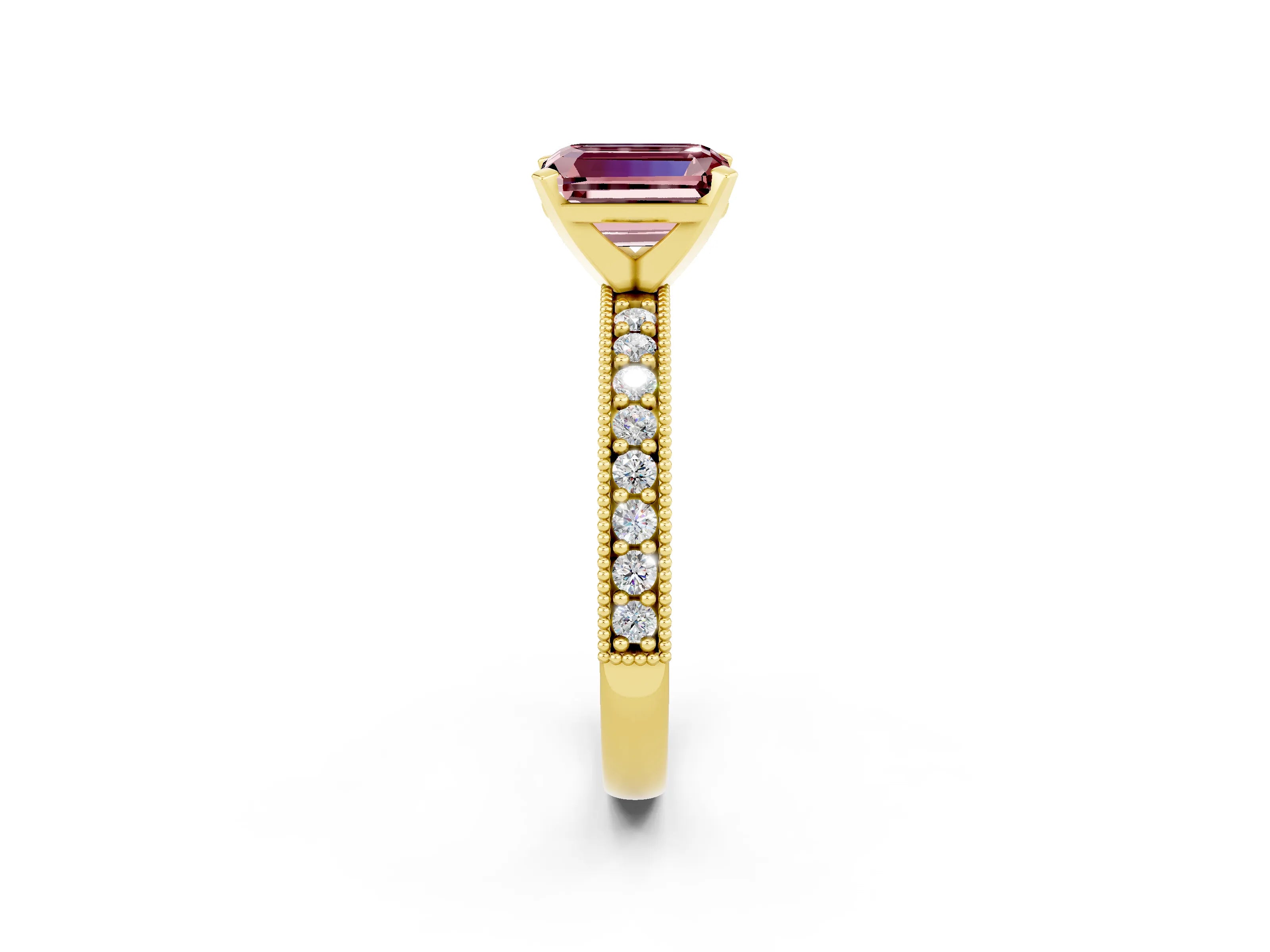 Yellow gold Emerald Cut Morganite Milgrain Pavé Engagement Ring with Four-Prong Setting_14
