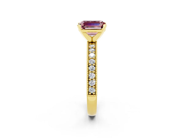 Yellow gold Emerald Cut Morganite Milgrain Pavé Engagement Ring with Four-Prong Setting