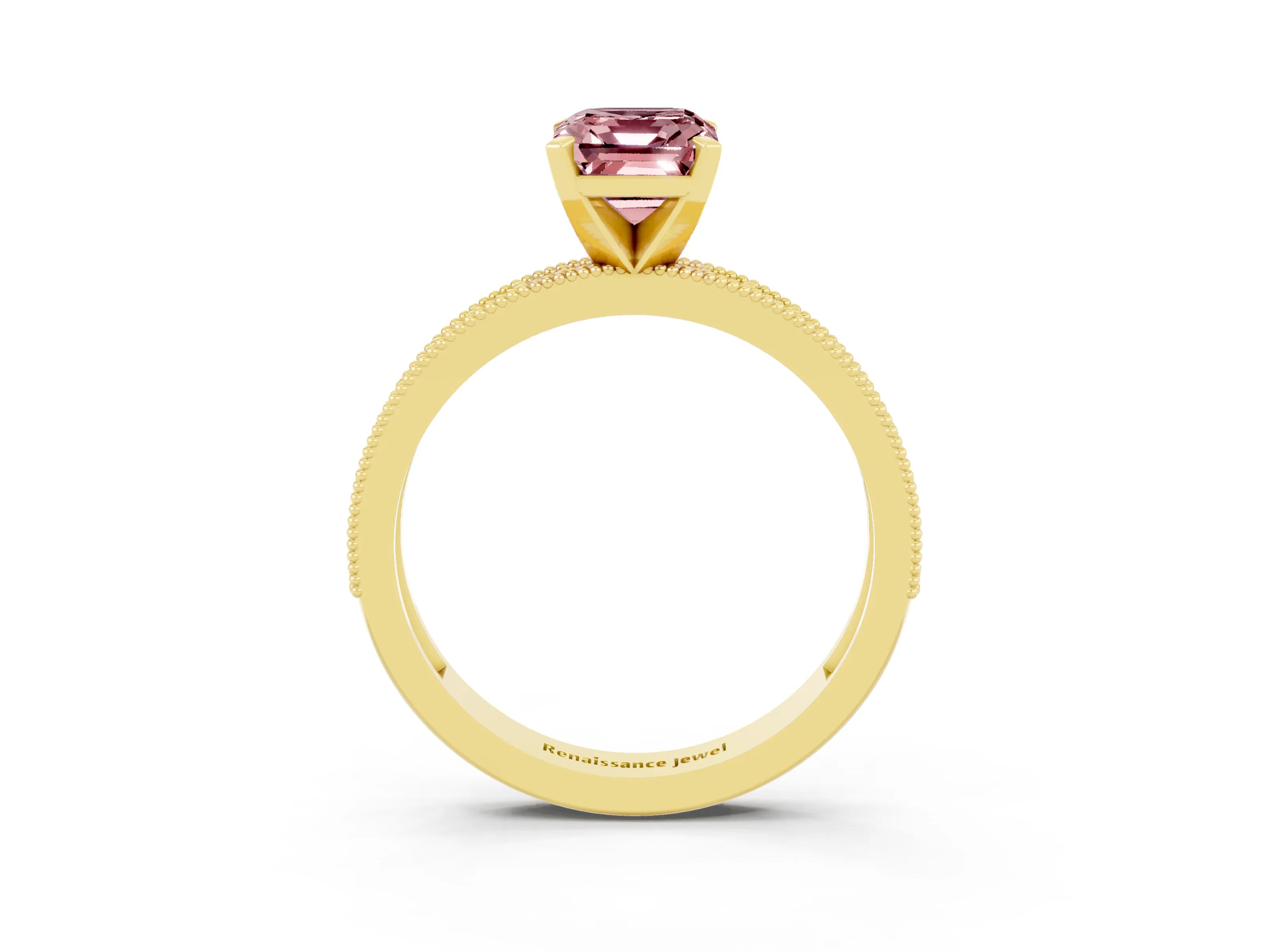 Yellow gold Emerald Cut Morganite Milgrain Pavé Engagement Ring with Four-Prong Setting_15