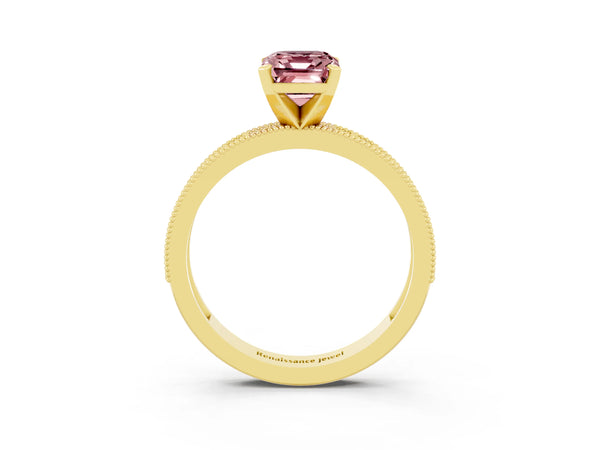 Yellow gold Emerald Cut Morganite Milgrain Pavé Engagement Ring with Four-Prong Setting