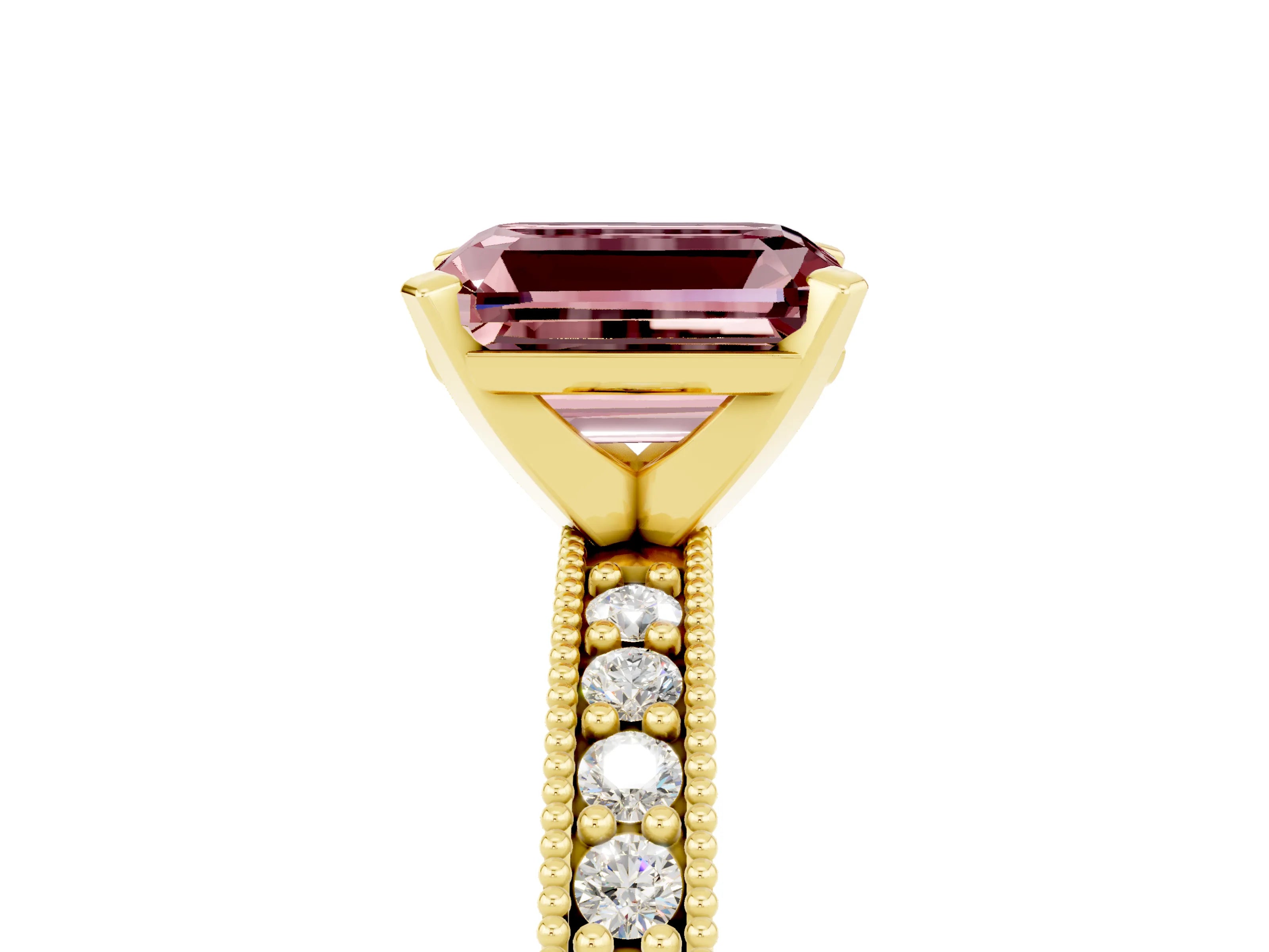 Yellow gold Emerald Cut Morganite Milgrain Pavé Engagement Ring with Four-Prong Setting_17