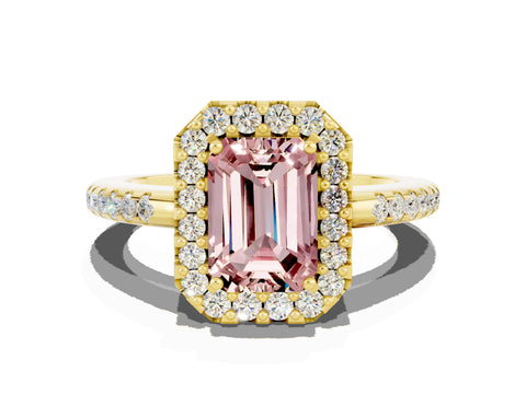 Yellow gold Emerald Cut Morganite Pavé Halo Ring with Four-Prong Setting_12