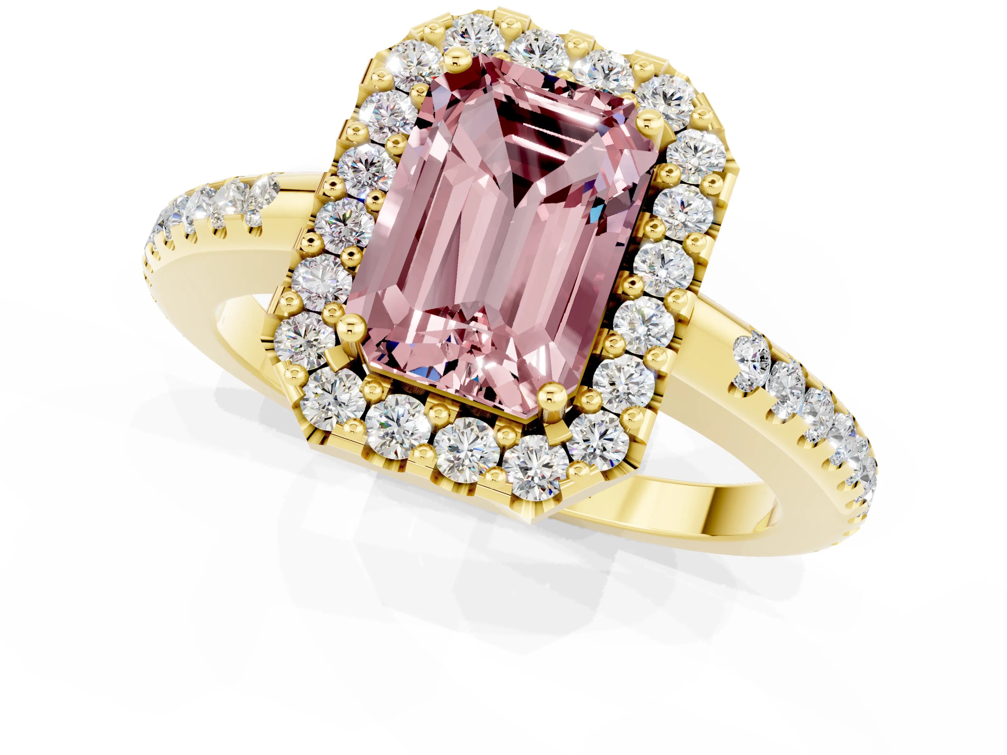 Yellow gold Emerald Cut Morganite Pavé Halo Ring with Four-Prong Setting_13