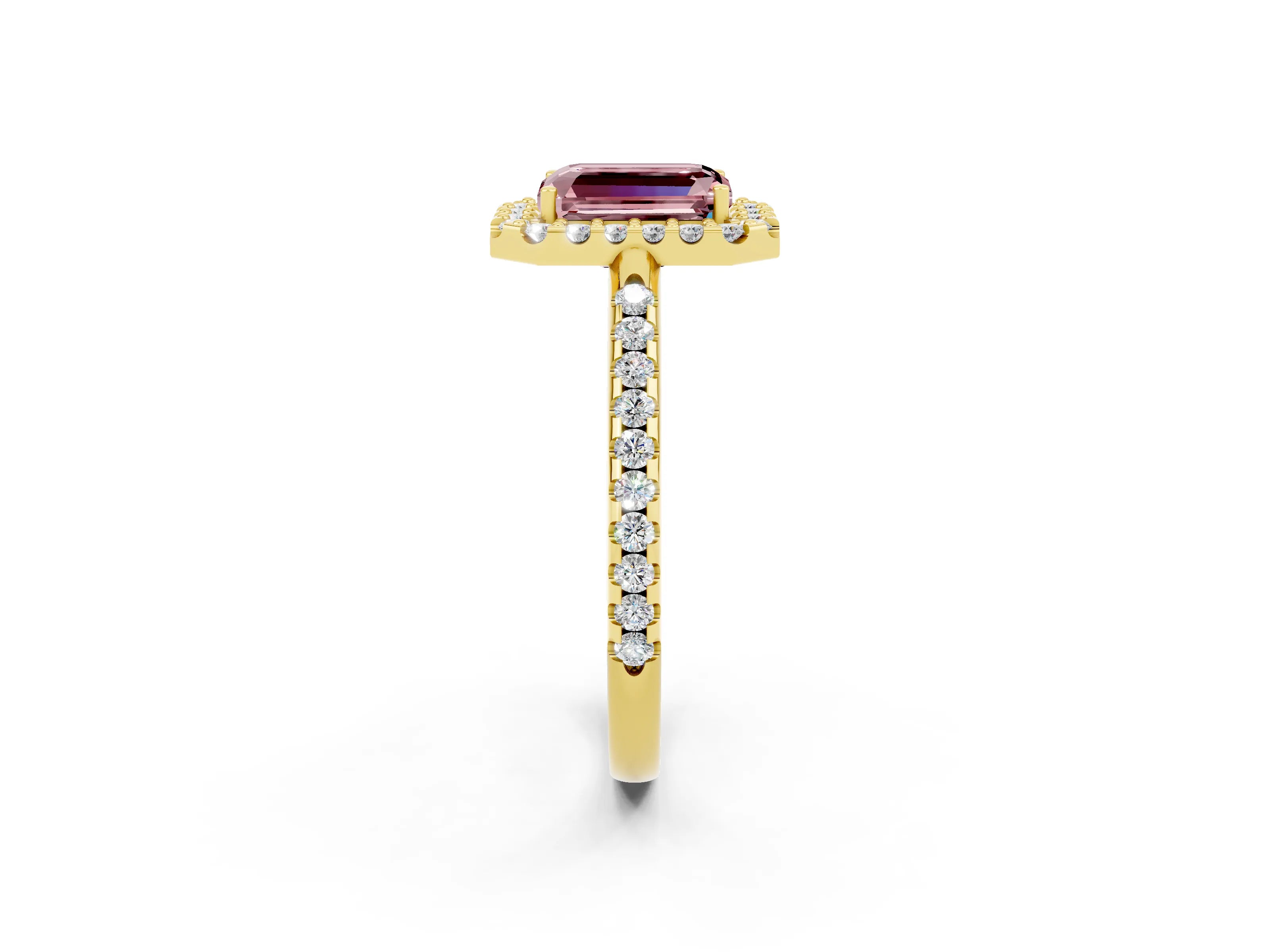 Yellow gold Emerald Cut Morganite Pavé Halo Ring with Four-Prong Setting_14
