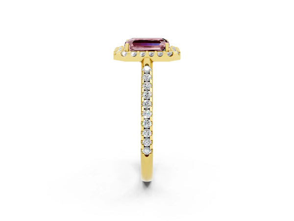 Yellow gold Emerald Cut Morganite Pavé Halo Ring with Four-Prong Setting