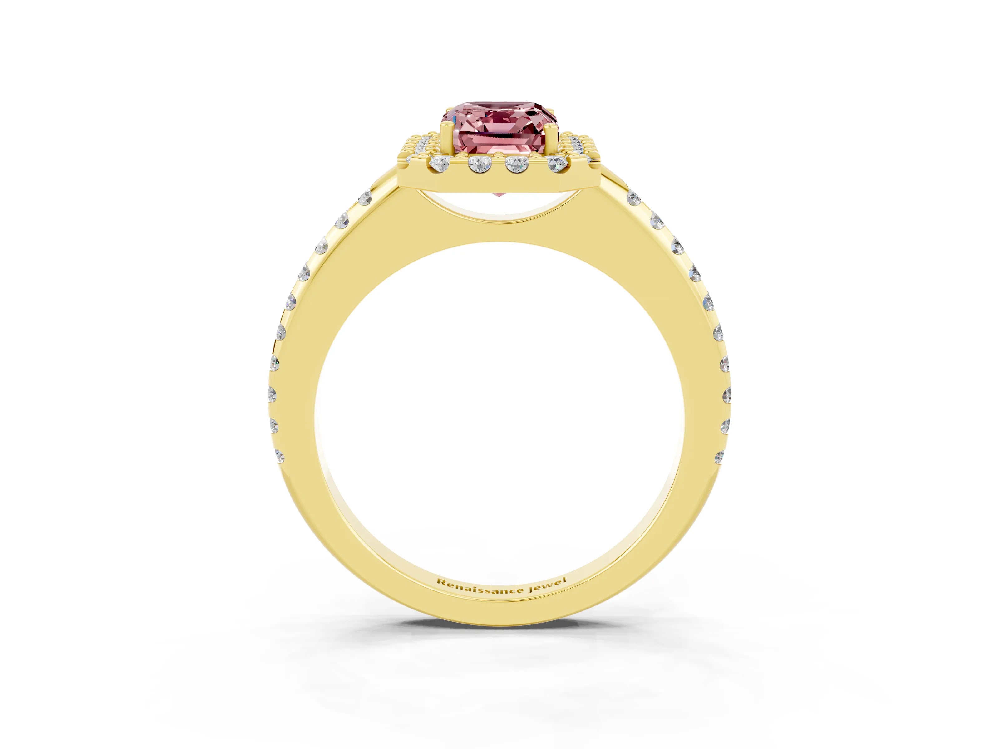 Yellow gold Emerald Cut Morganite Pavé Halo Ring with Four-Prong Setting_15