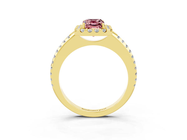 Yellow gold Emerald Cut Morganite Pavé Halo Ring with Four-Prong Setting