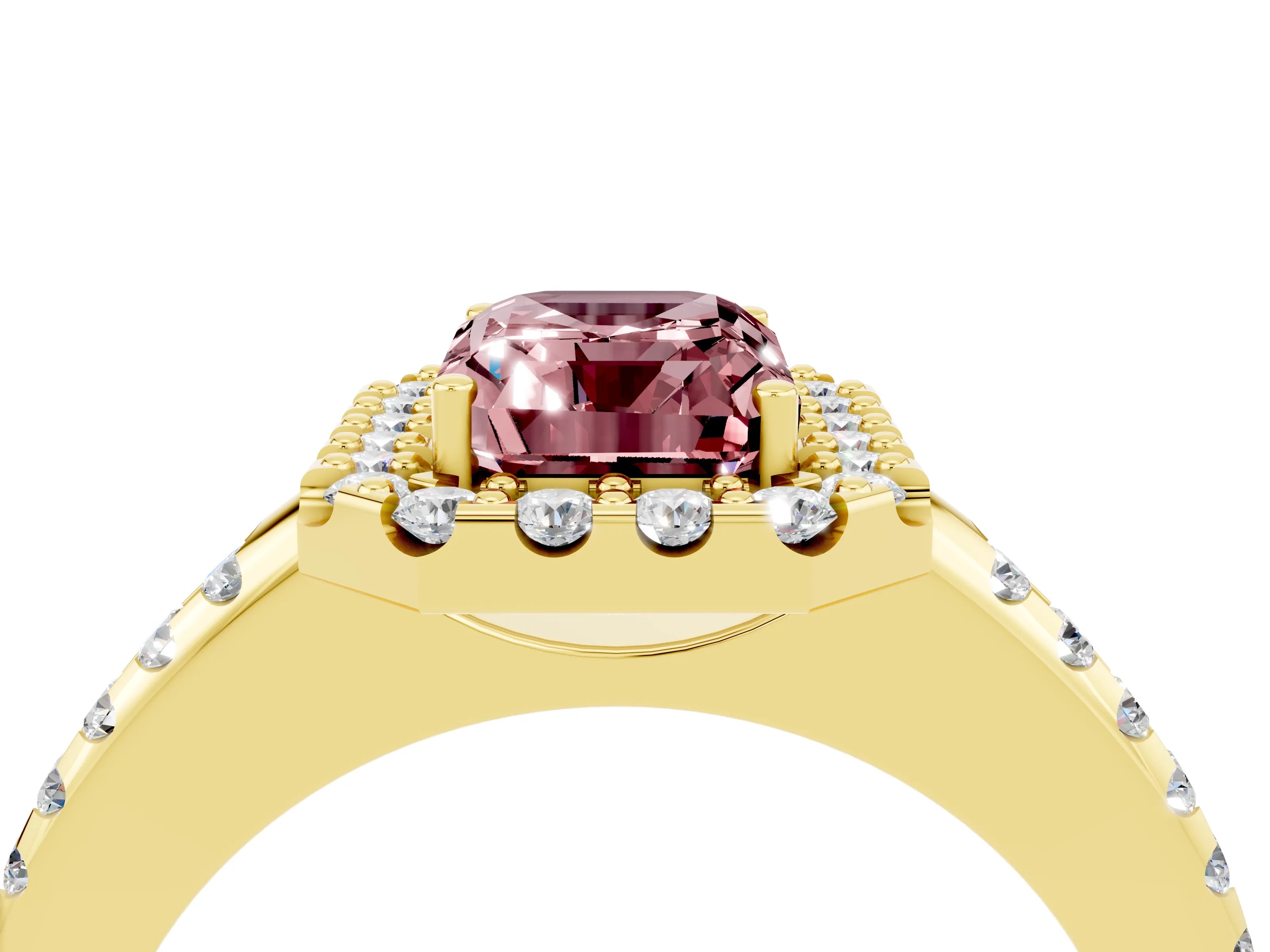Yellow gold Emerald Cut Morganite Pavé Halo Ring with Four-Prong Setting_16