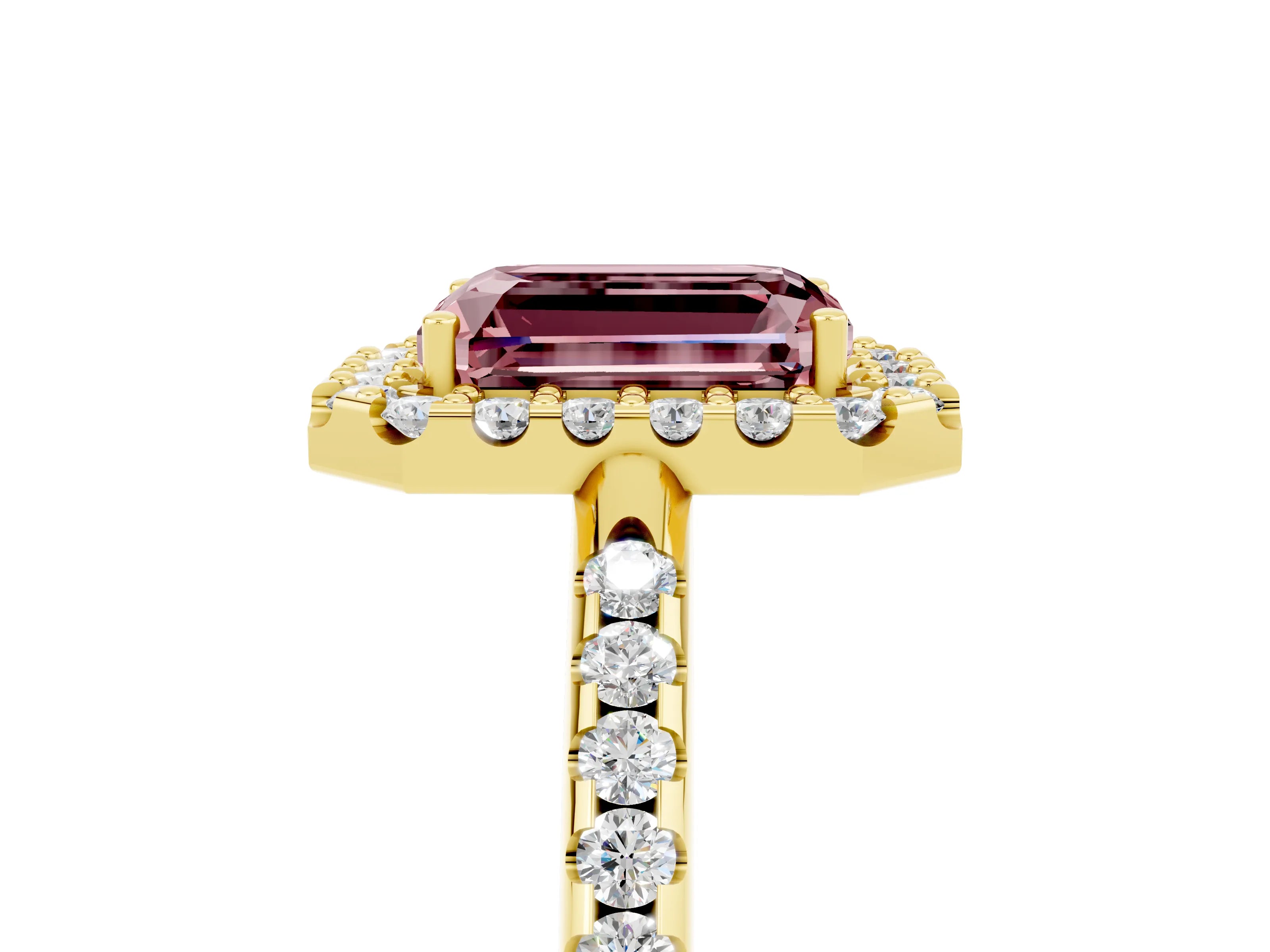 Yellow gold Emerald Cut Morganite Pavé Halo Ring with Four-Prong Setting_17