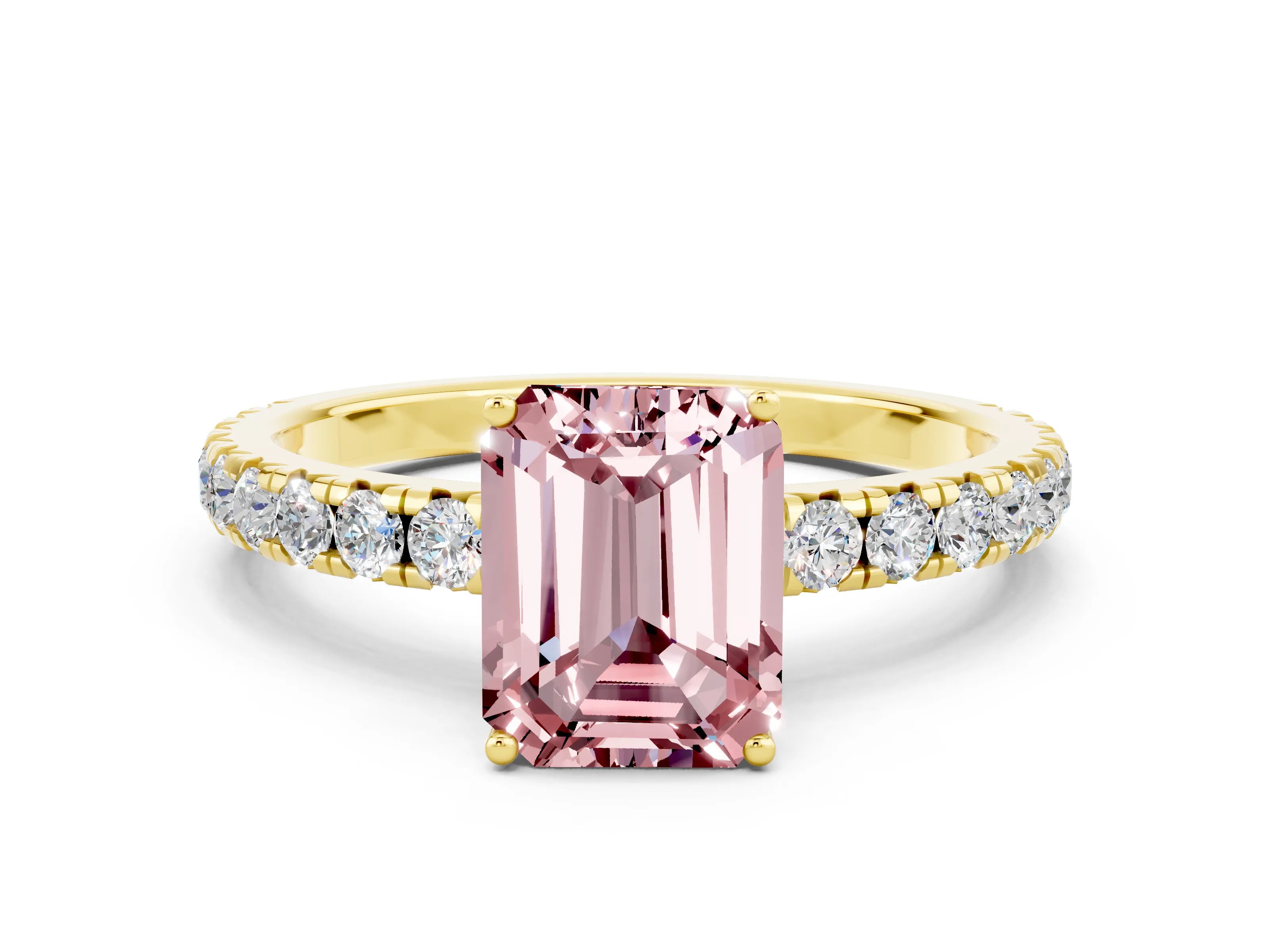 Yellow gold Emerald Cut Morganite Pavé Solitaire Engagement Ring with Four-Prong Setting_12