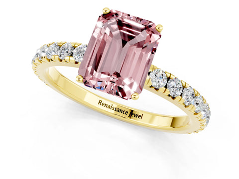Yellow gold Emerald Cut Morganite Pavé Solitaire Engagement Ring with Four-Prong Setting_13