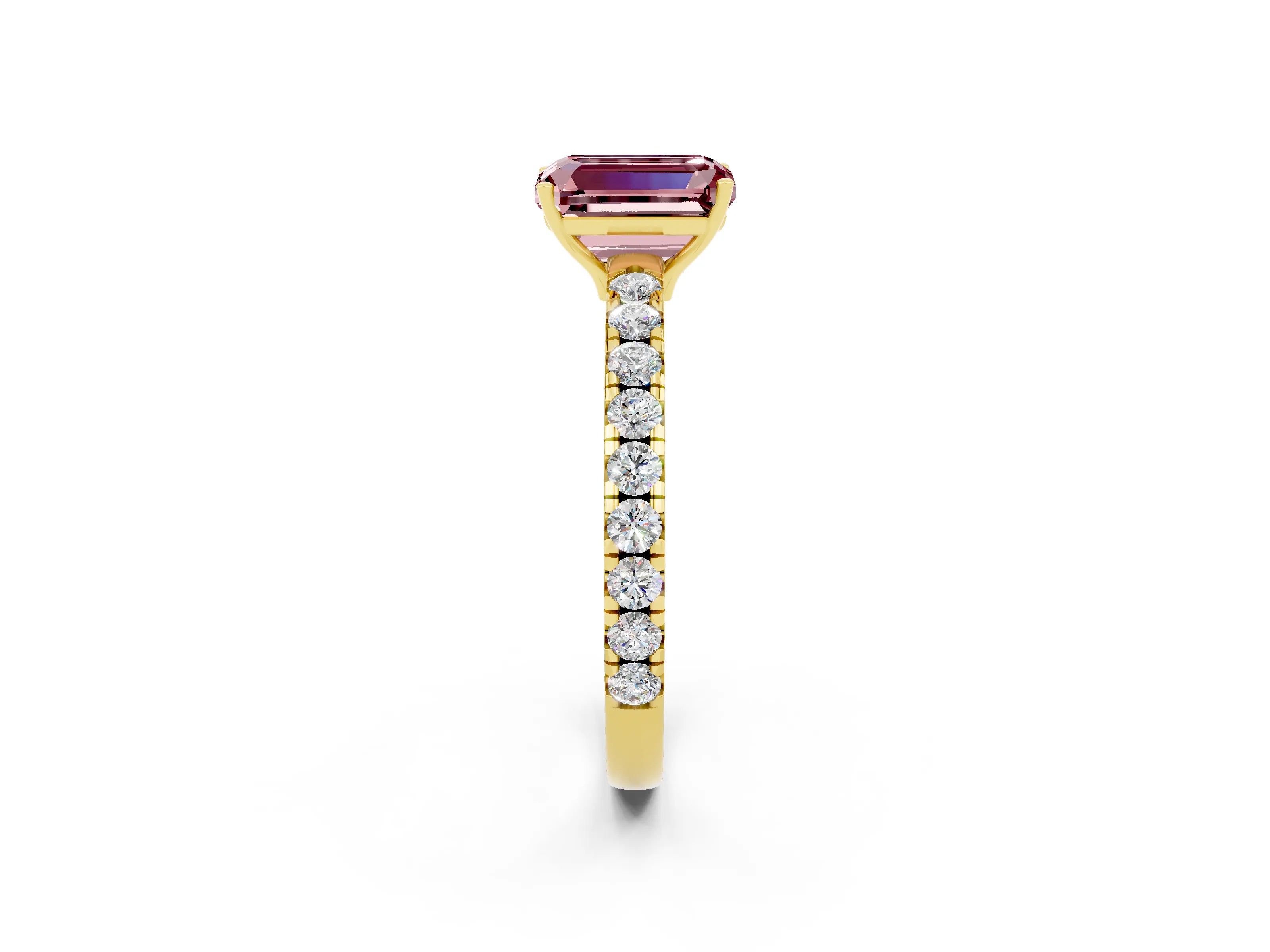 Yellow gold Emerald Cut Morganite Pavé Solitaire Engagement Ring with Four-Prong Setting_14