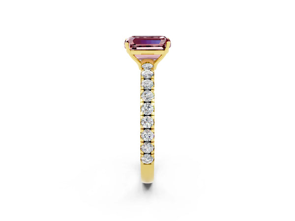 Yellow gold Emerald Cut Morganite Pavé Solitaire Engagement Ring with Four-Prong Setting