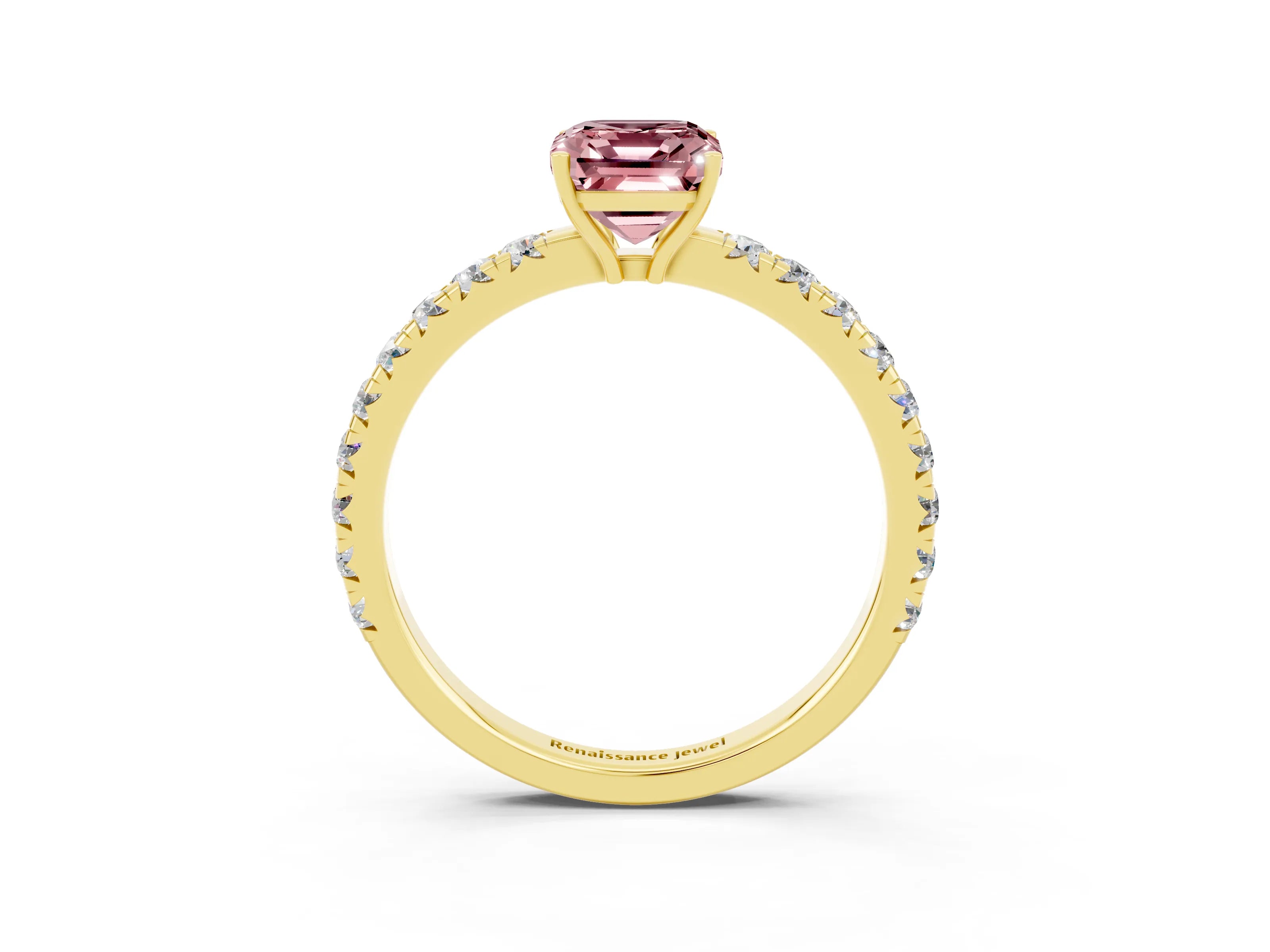 Yellow gold Emerald Cut Morganite Pavé Solitaire Engagement Ring with Four-Prong Setting_15