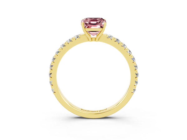 Yellow gold Emerald Cut Morganite Pavé Solitaire Engagement Ring with Four-Prong Setting
