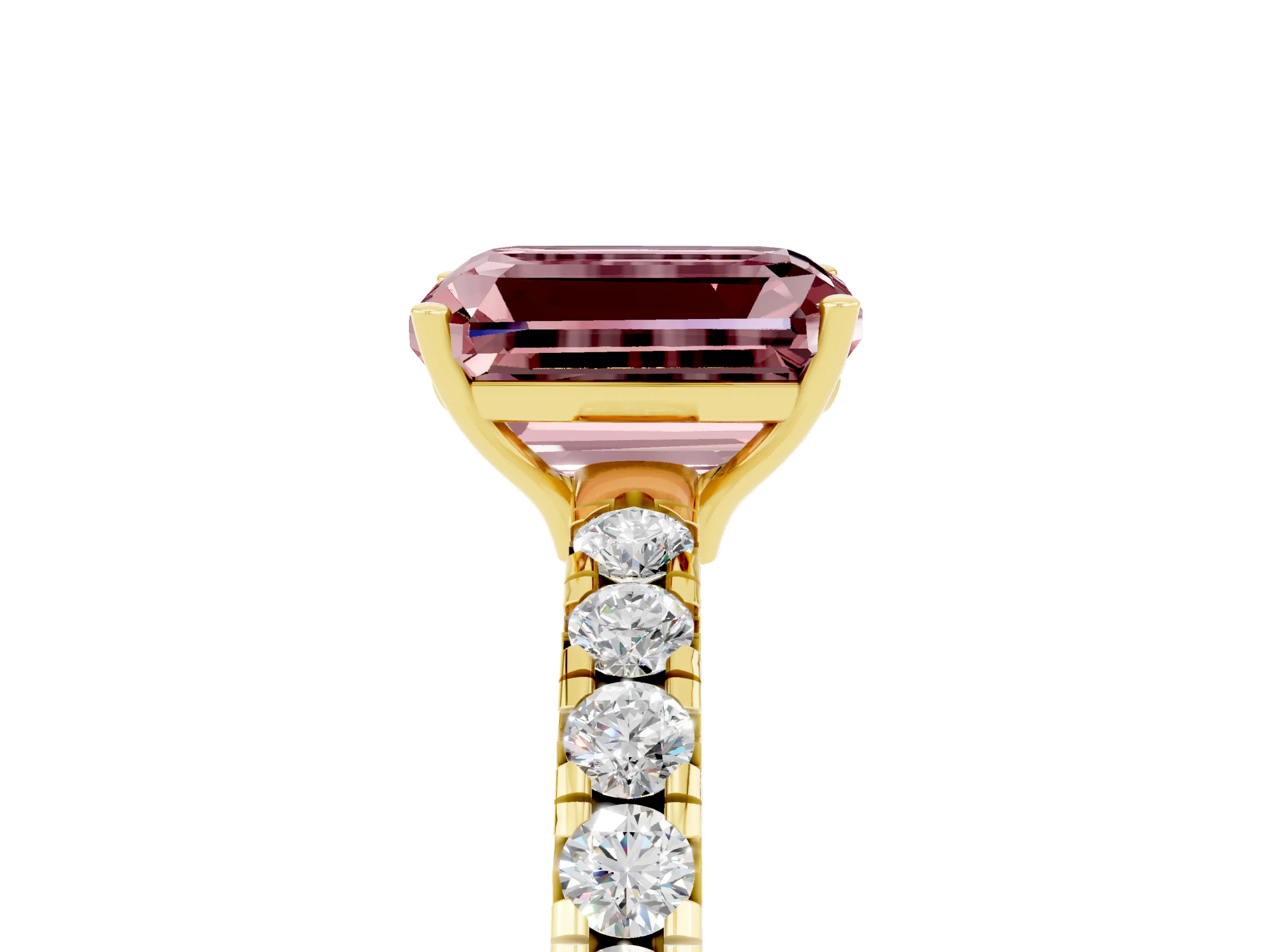 Yellow gold Emerald Cut Morganite Pavé Solitaire Engagement Ring with Four-Prong Setting_17