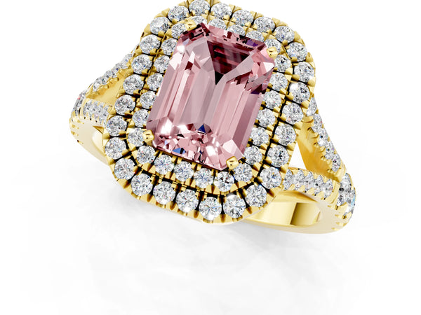 Yellow gold Emerald Cut Morganite Pavé Split Shank Double Halo Engagement Ring