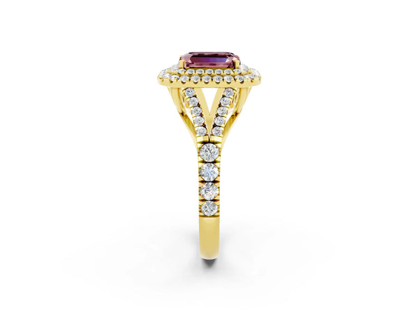 Yellow gold Emerald Cut Morganite Pavé Split Shank Double Halo Engagement Ring