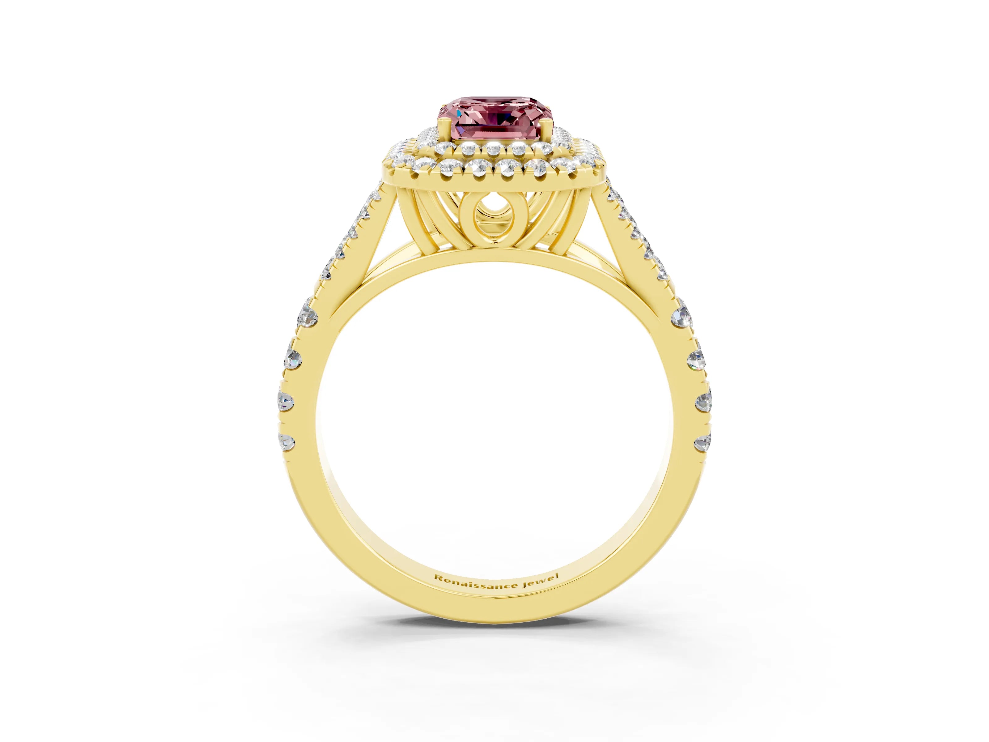 Yellow gold Emerald Cut Morganite Pavé Split Shank Double Halo Engagement Ring_3