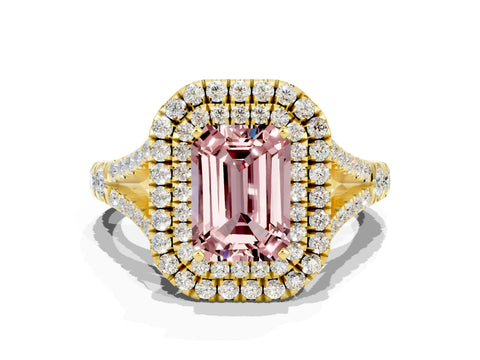 Yellow gold Emerald Cut Morganite Pavé Split Shank Double Halo Engagement Ring