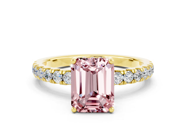Yellow gold Emerald Cut Morganite Pave Band Solitaire Ring with Round  and Prong Setting