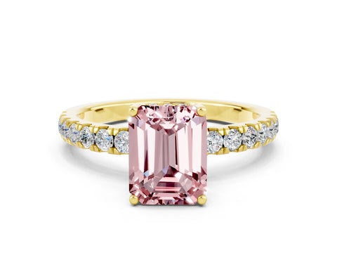 Yellow gold Emerald Cut Morganite Pave Band Solitaire Ring with Four-Prong Setting_24