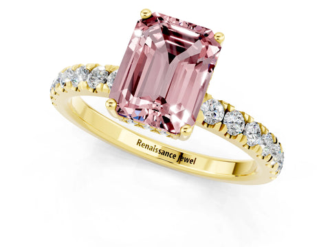 Yellow gold Emerald Cut Morganite Pave Band Solitaire Ring with Four-Prong Setting_25
