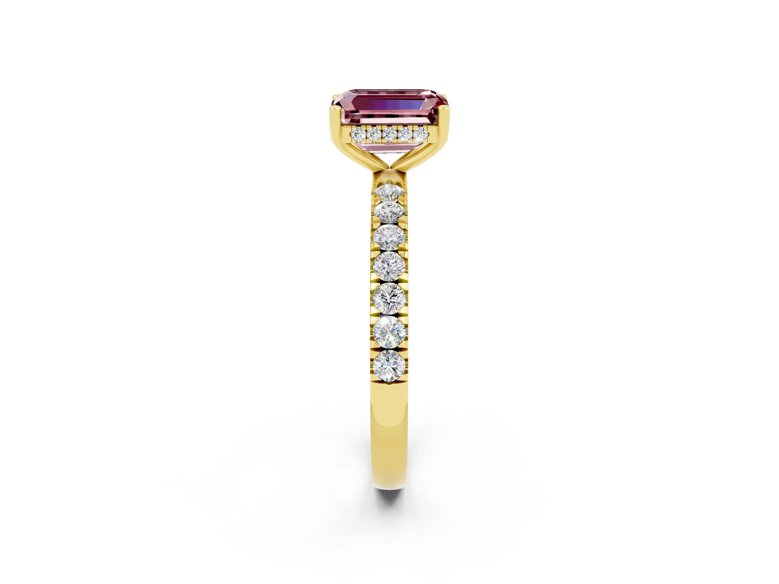 Yellow gold Emerald Cut Morganite Pave Band Solitaire Ring with Four-Prong Setting_26