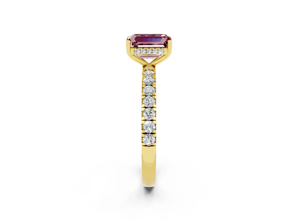 Yellow gold Emerald Cut Morganite Pave Band Solitaire Ring with Round  and Prong Setting