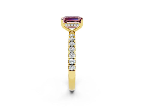 Yellow gold Emerald Cut Morganite Pave Band Solitaire Ring with Four-Prong Setting_26