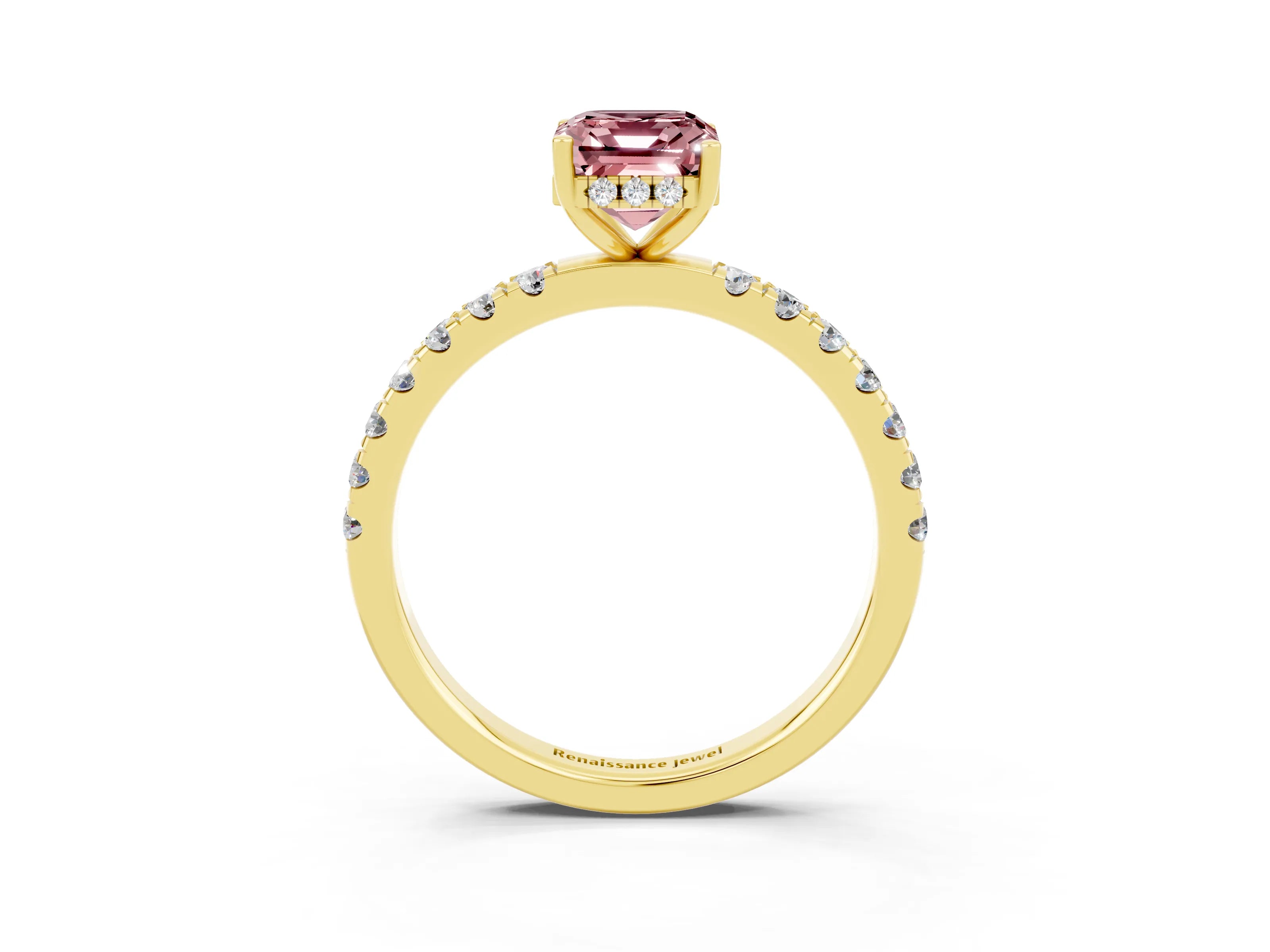 Yellow gold Emerald Cut Morganite Pave Band Solitaire Ring with Four-Prong Setting_27