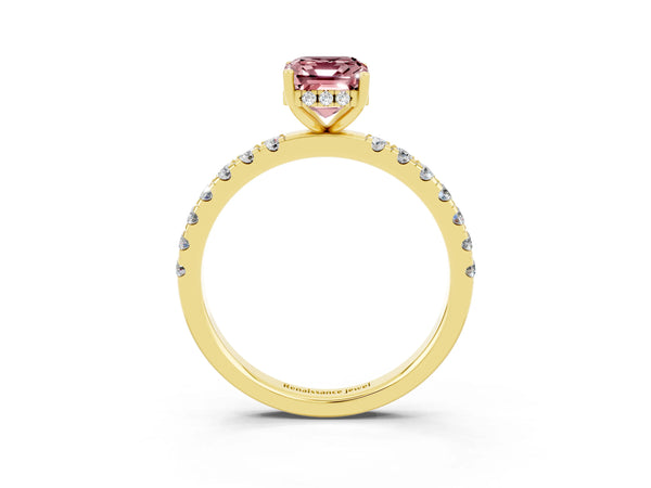 Yellow gold Emerald Cut Morganite Pave Band Solitaire Ring with Round  and Prong Setting