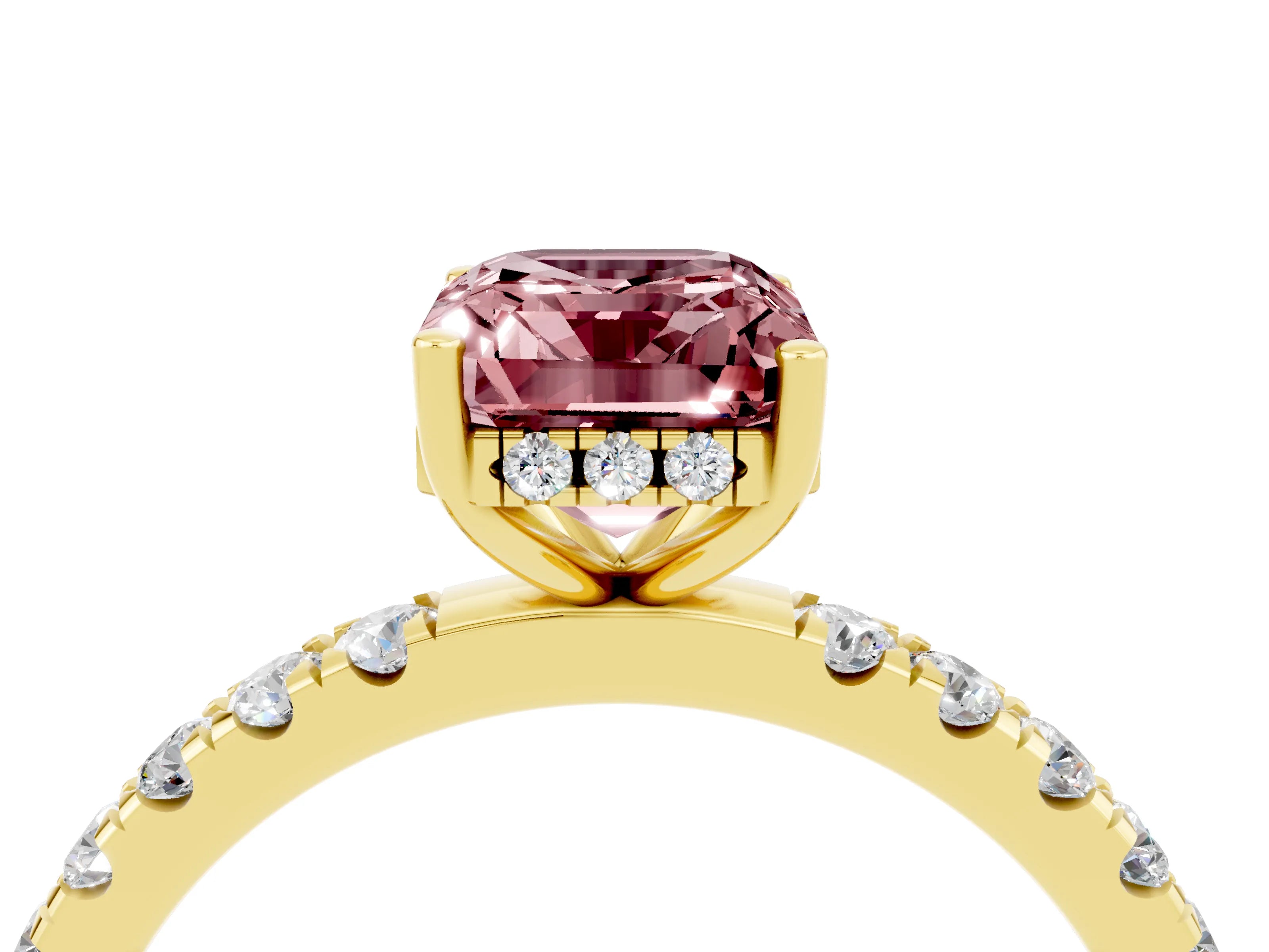 Yellow gold Emerald Cut Morganite Pave Band Solitaire Ring with Four-Prong Setting_28