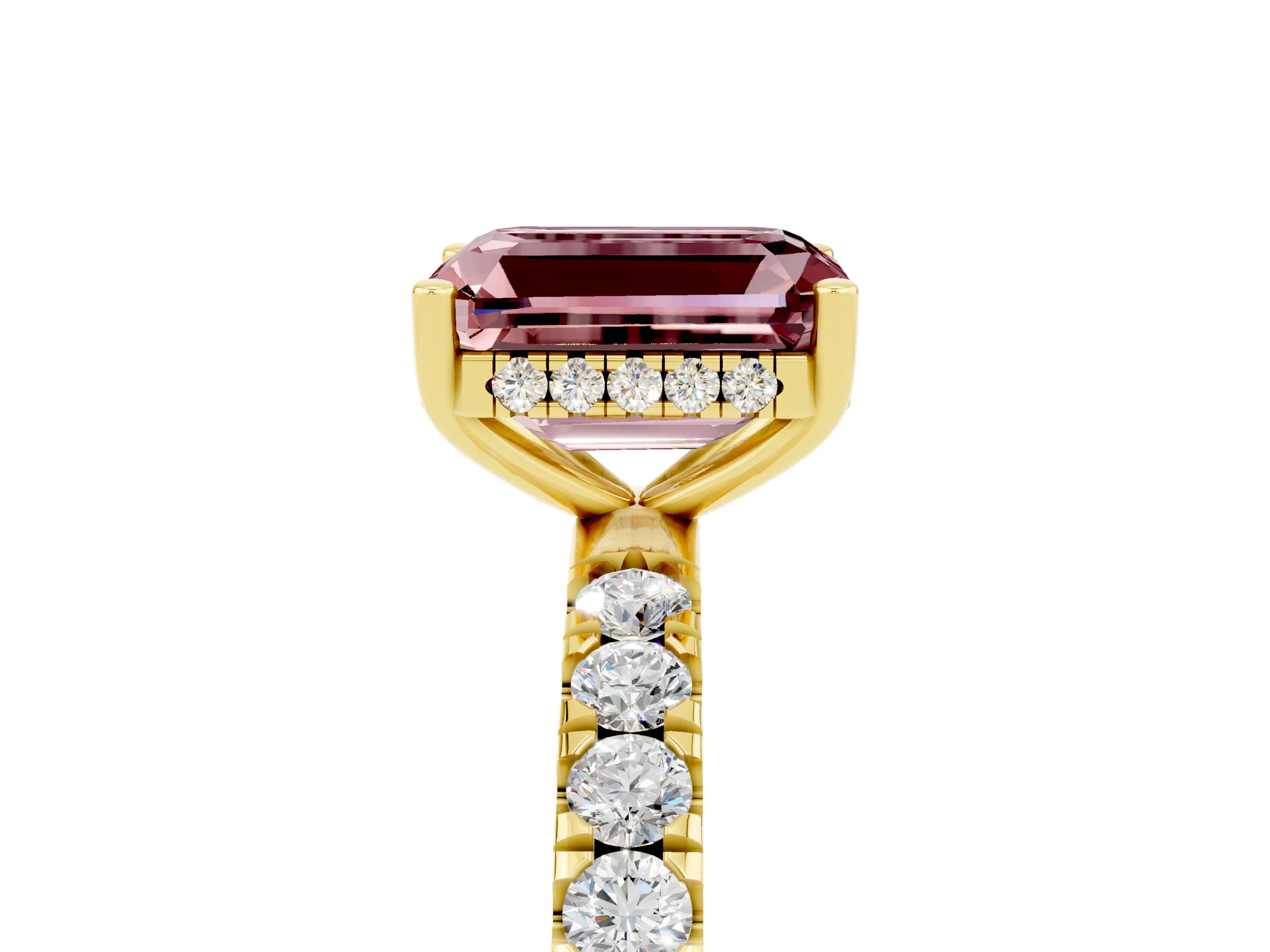 Yellow gold Emerald Cut Morganite Pave Band Solitaire Ring with Four-Prong Setting_29