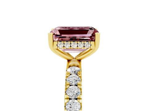 Yellow gold Emerald Cut Morganite Pave Band Solitaire Ring with Four-Prong Setting_29