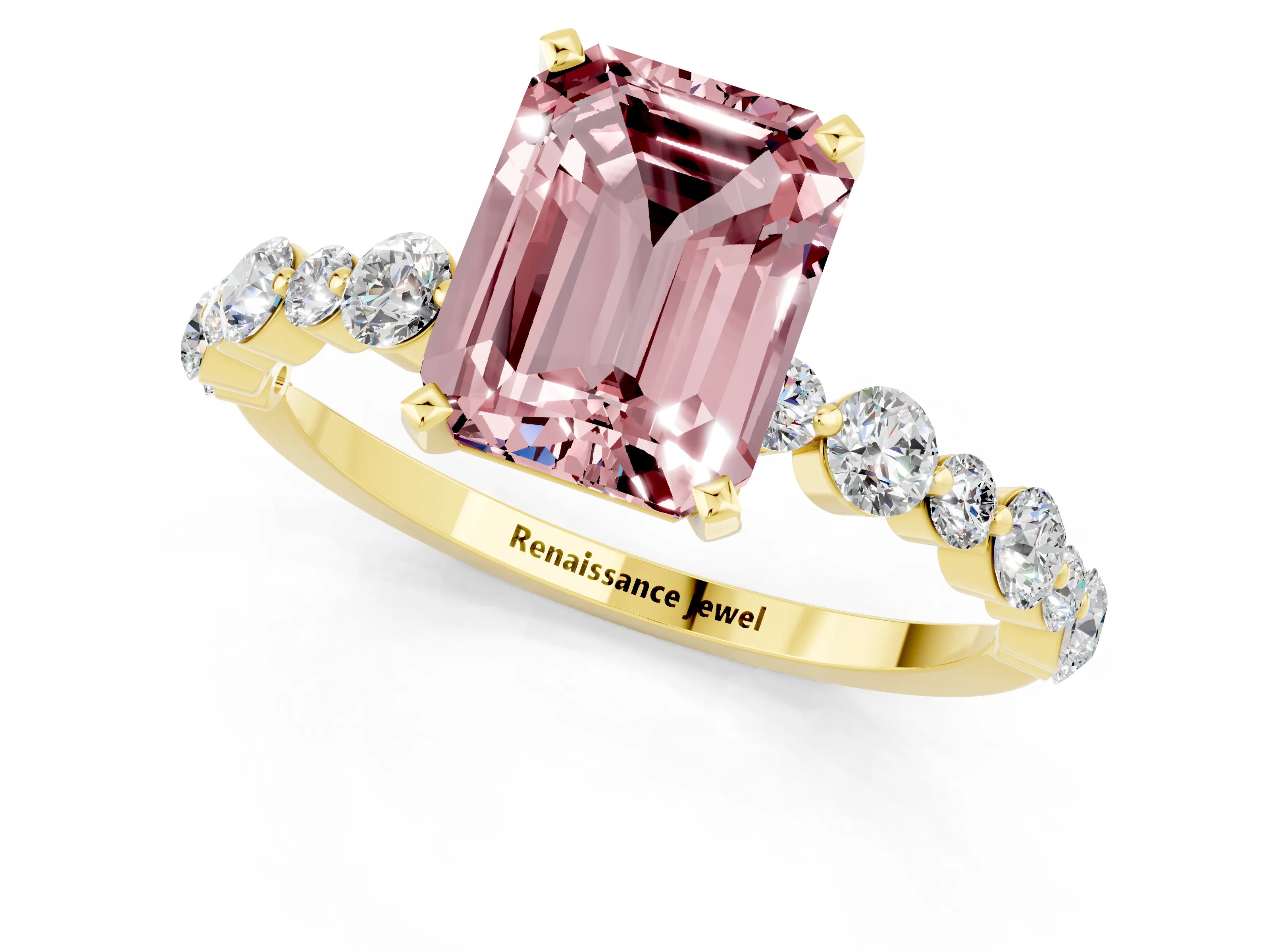 Yellow gold Emerald Cut Morganite Prong Set Engagement Ring with Pavé Band_1