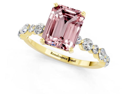 Yellow gold Emerald Cut Morganite Prong Set Engagement Ring with Pavé Band_1