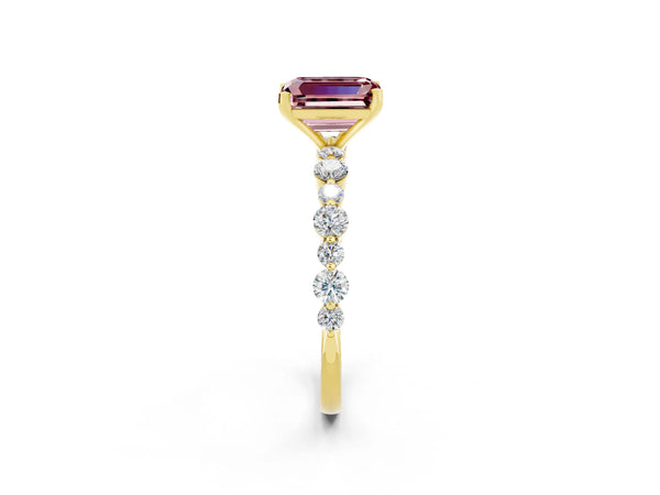 Yellow gold Emerald Cut Morganite Prong Set Engagement Ring with Pavé Band