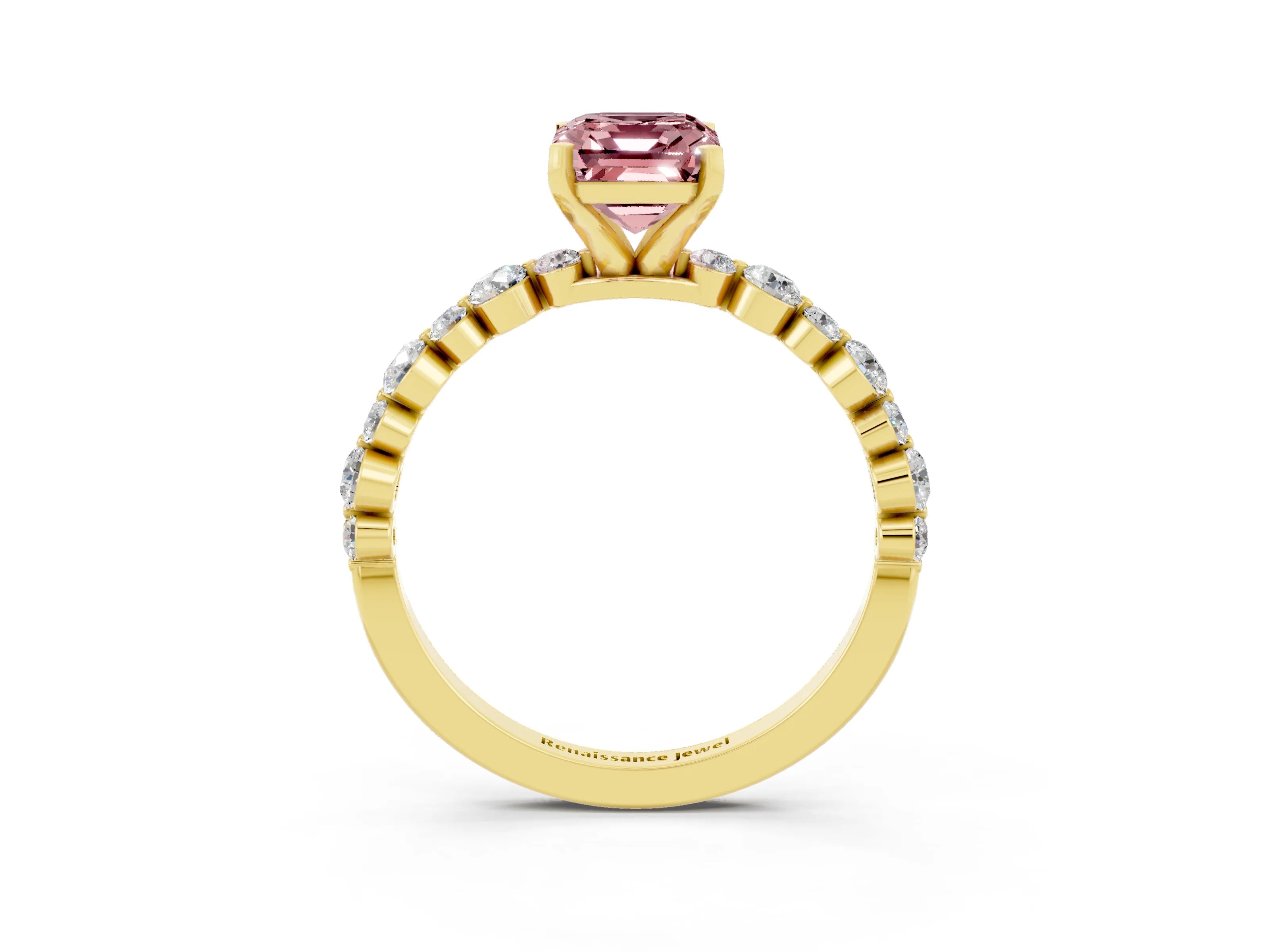 Yellow gold Emerald Cut Morganite Prong Set Engagement Ring with Pavé Band_3