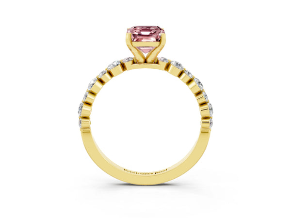 Yellow gold Emerald Cut Morganite Prong Set Engagement Ring with Pavé Band