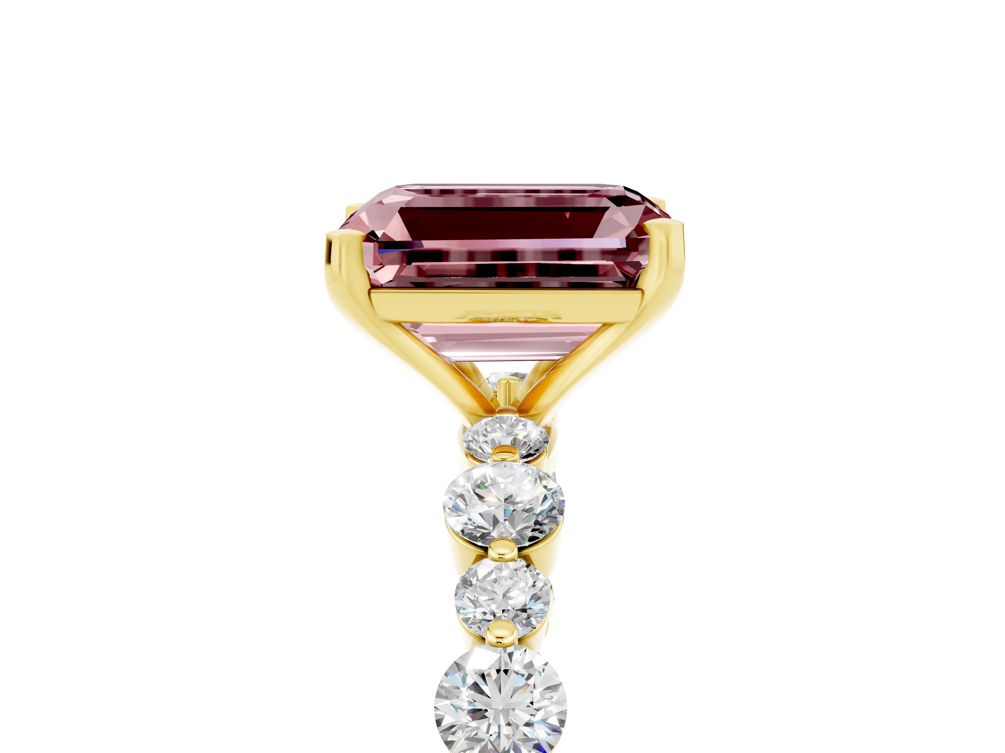 Yellow gold Emerald Cut Morganite Prong Set Engagement Ring with Pavé Band_5