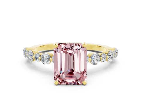 Yellow gold Emerald Cut Morganite Prong Set Engagement Ring with Pavé Band