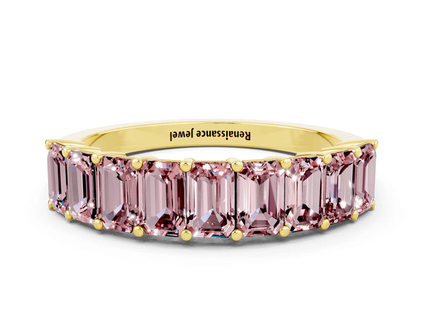 Yellow gold Emerald Cut Morganite Prong-Set Eternity Band