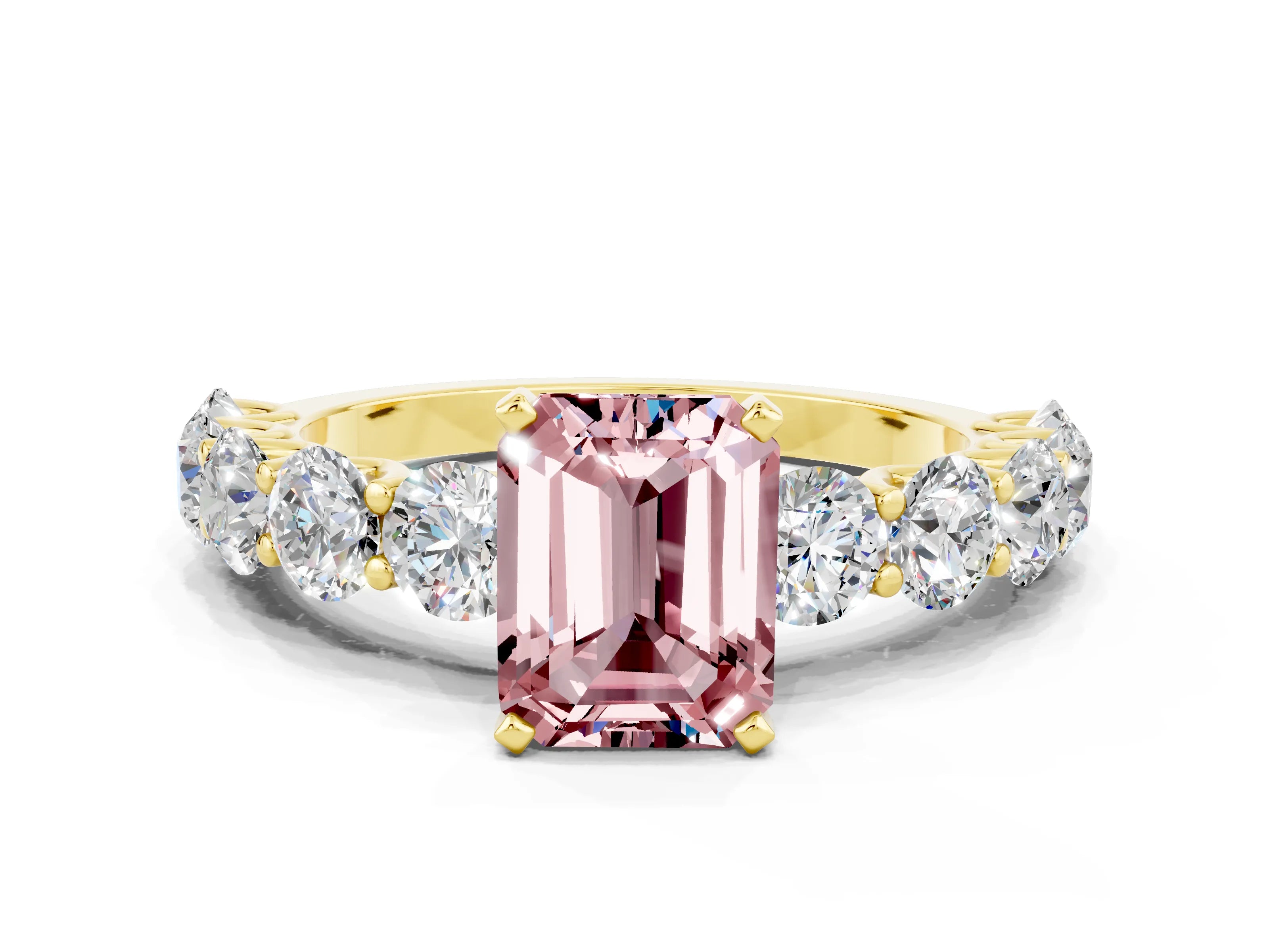 Yellow gold Emerald Cut Morganite Prong Setting with Side Stones on a Pave Band