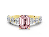Yellow gold Emerald Cut Morganite Prong Setting with Side Stones on a Pave Band