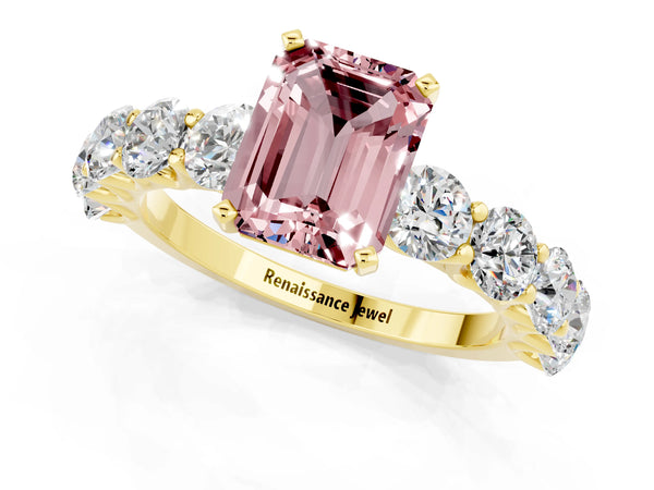 Yellow gold Emerald Cut Morganite Prong Setting with Side Stones on a Pave Band