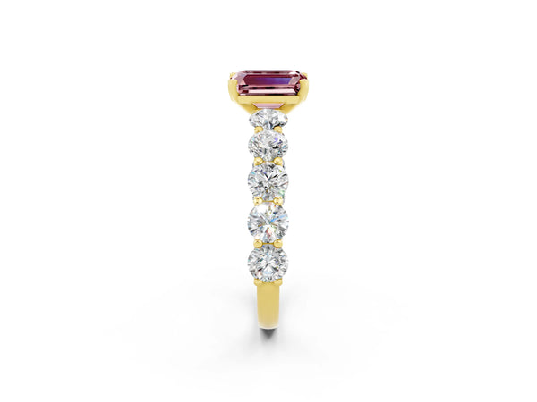 Yellow gold Emerald Cut Morganite Prong Setting with Side Stones on a Pave Band