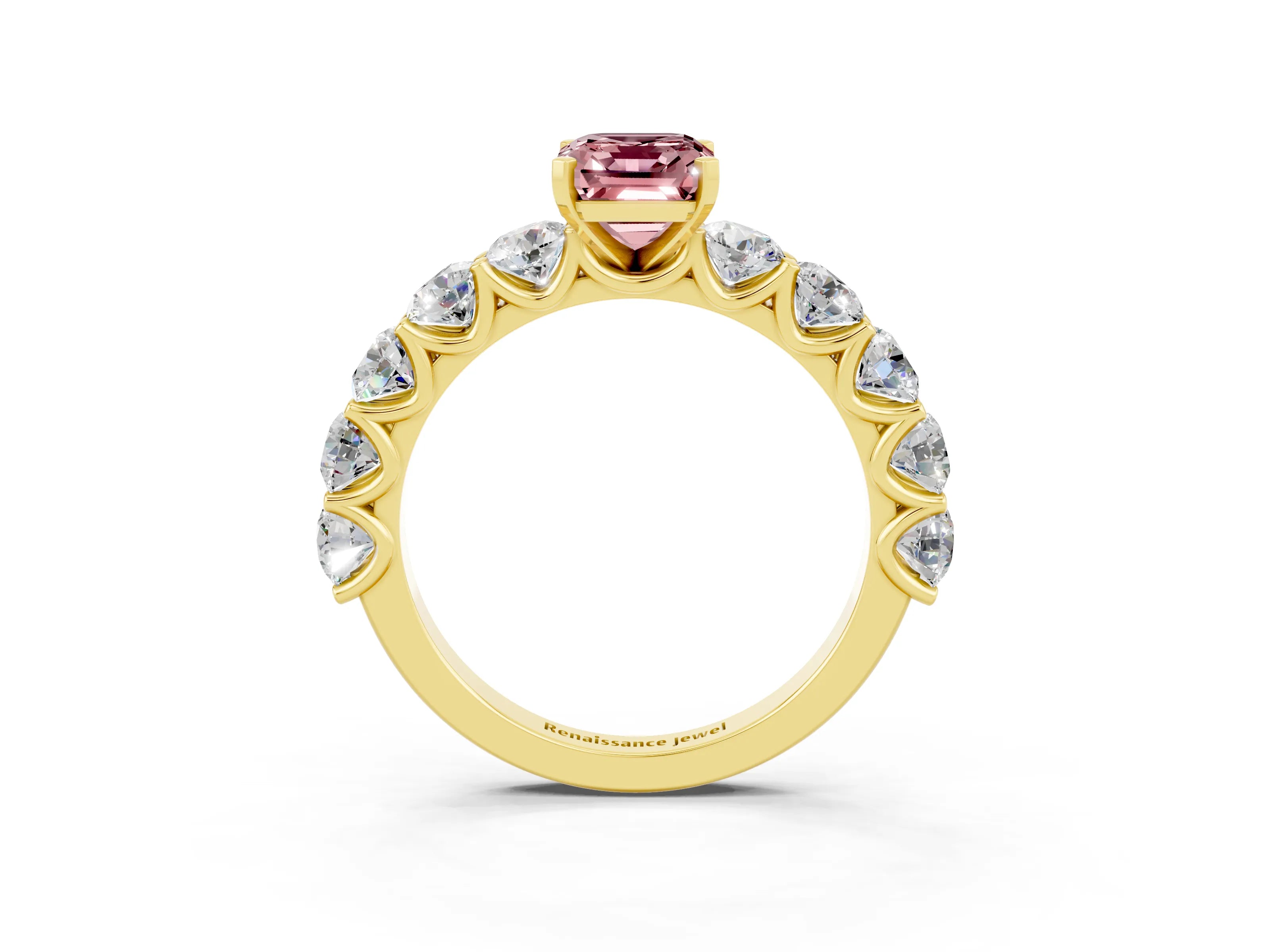 Yellow gold Emerald Cut Morganite Prong Setting with Side Stones on a Pave Band_3